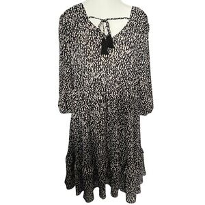 Soft Surroundings Dress M Black Beige Print Tassel‎ Tie Long Sleeve Boho